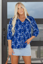 Blue Botanical Print Bracelet Sleeve Notched Neck Blouse Blouses 3f68344f8ffd55f1