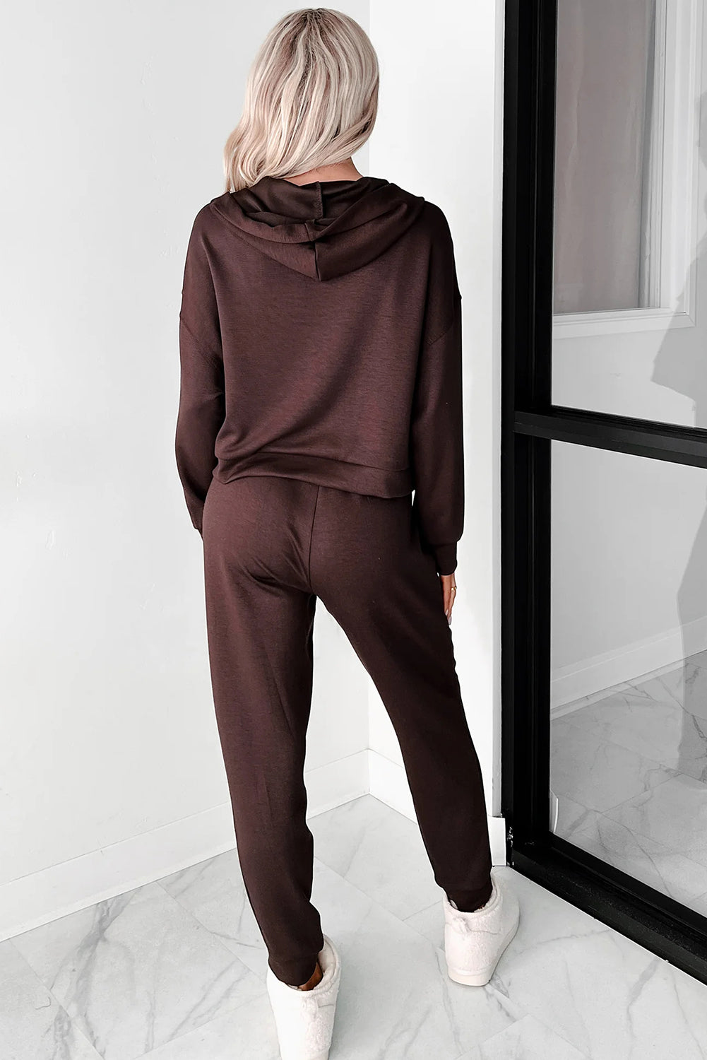 Chicory Coffee Button Drawstring Cropped Hoodie Sweatpants Set Two Piece Pants Sets 3f698fc8abf7c974
