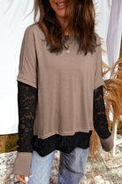 Light French Beige Sheer Lace Patchwork Casual Long Sleeve Tee Long Sleeve Tops 3f757fe80b9d2a51
