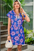 Purple Pop of Color Quarter Zip Collar Drawstring Waist Floral Mini Dress Short Dresses 3f8d035ae5a8d2eb