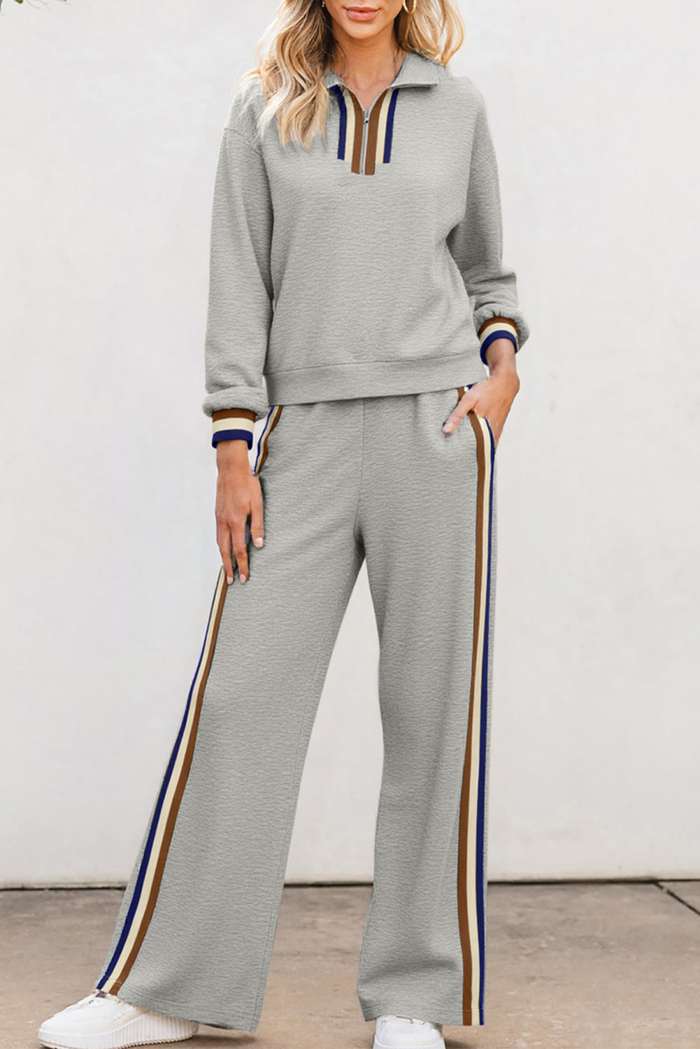 Gray Striped Patchwork Quarter Zip Pullover Loose Pants Set Two Piece Pants Sets 3f94f5f9f62423ad