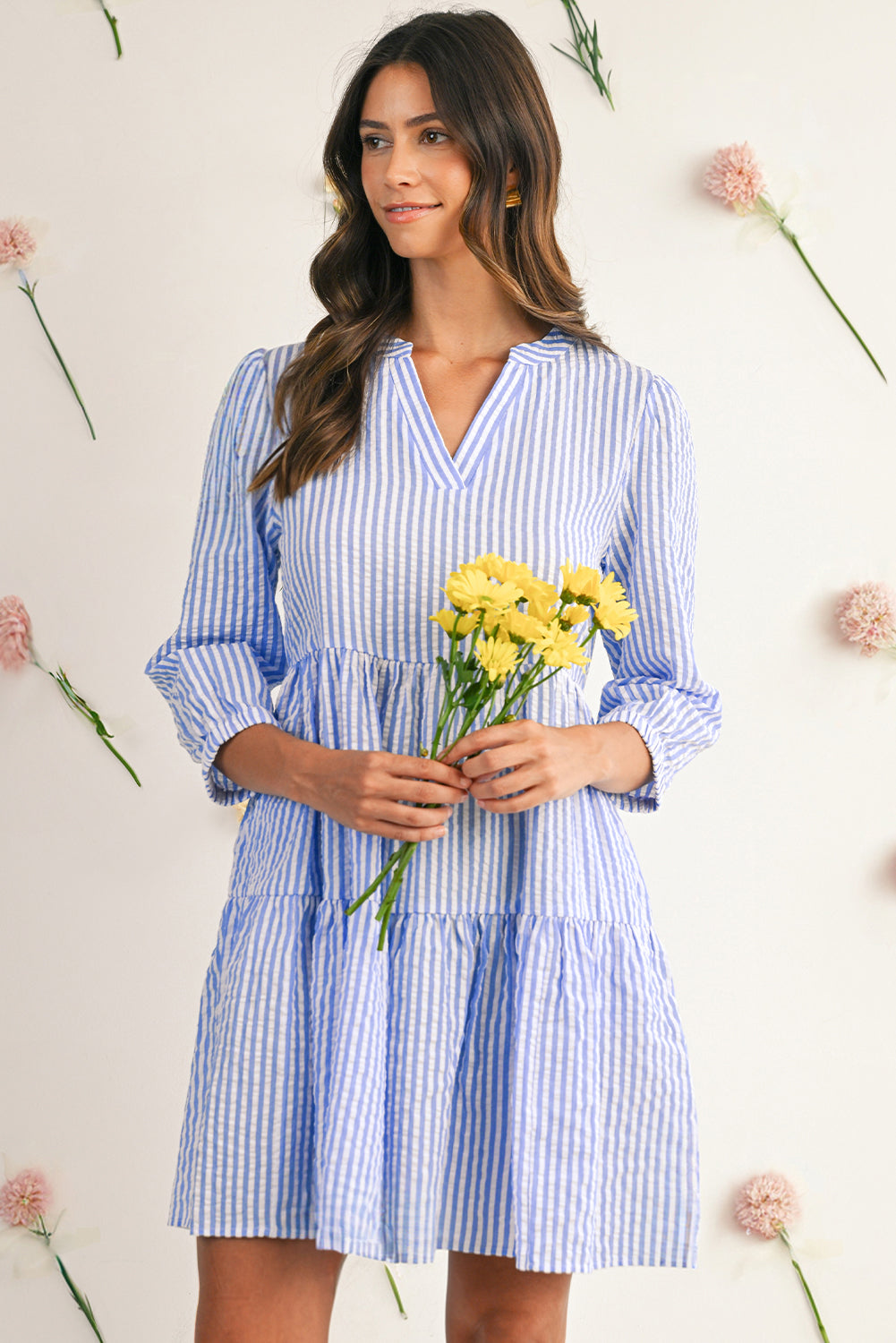 Sky Blue Striped Textured Bracelet Sleeve Tiered Mini Dress Short Dresses 3fd17d3b0b439c3b