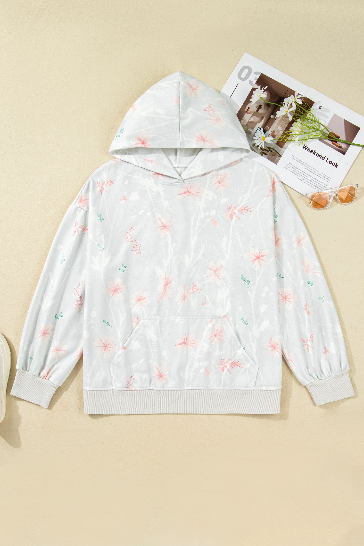 Gray Floral Print Plus Size Loose Hoodie Plus Size Sweatshirts & Hoodies 3ffdfdad8b50c07a