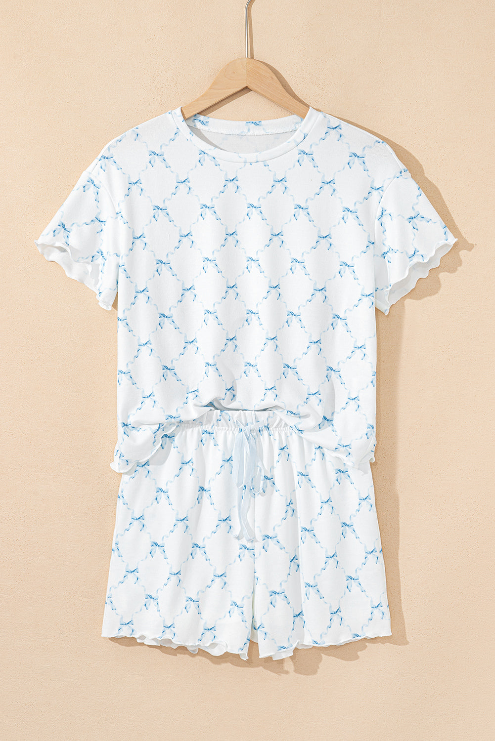 Pink Bowknot Print Lettuce Trim Two Piece Pajama Set Loungewear Set 40397c83be3401c8