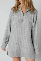 High-rise Quarter Zip Ribbed Trim Cable Knit Loose Sweater Dress Sweater Dresses 40596215acb0f4a1