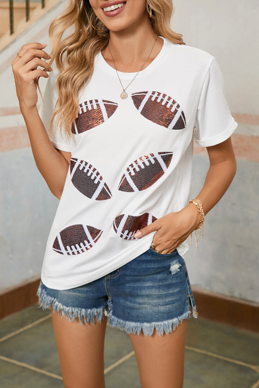 White Sequined Rugby Graphic T Shirt Graphic Tees 4067172d936cefbf