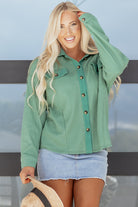 Grass Green Waffle Knit Vintage Patchwork Button Up Loose Shirt Blouses 408c51d5998750bd