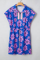 Purple Pop of Color Quarter Zip Collar Drawstring Waist Floral Mini Dress Short Dresses 408de9c7f5359f01