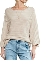 Apricot Solid Color Ribbed Knit 3/4 Sleeve Pullover Sweater Sweaters 40937a3276e5fcf0