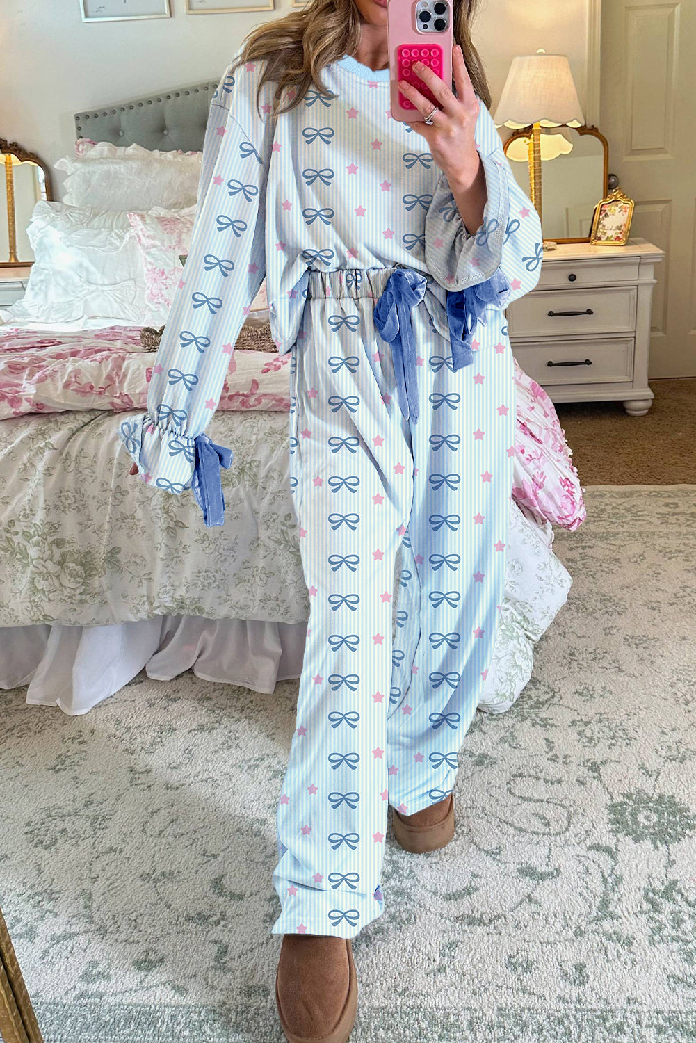 Sky Blue Stripe Bow Star Print Tied Detail 2pcs Lounge Set Loungewear Set 4095b13dab380741