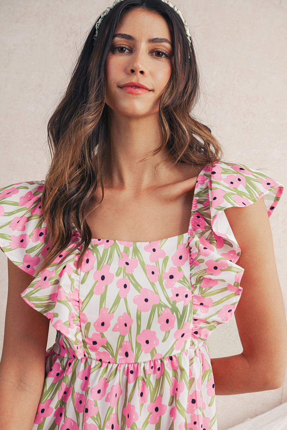 Blue Floral Print Square Neck Ruffled Strap Maxi Dress Maxi Dresses 409e151179777997