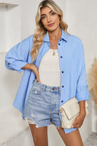 Black Stripe Roll-tab Sleeve Pocketed Tunic Shirt Shacket Long Sleeve Tops 40cb7265d0681f7e