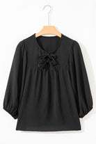 Black Bow Tie Neck 3/4 Sleeve Casual Blouse Blouses 40e830217824cd4c