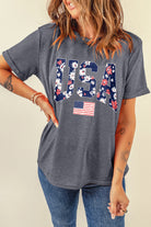 Gray Floral USA Flag Graphic Roll Up Sleeve Tee Graphic Tees 410e2a298d08f053