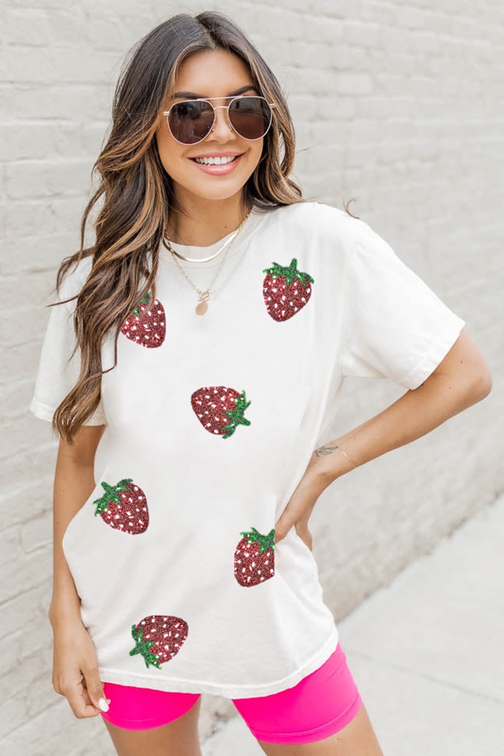 White Sequin Strawberry Patched Crew Neck T Shirt Graphic Tees 411d2982394e14e7