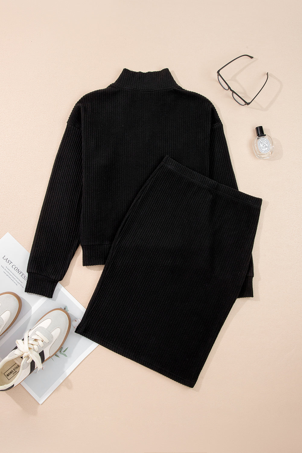 Black Ribbed Zip Neck Drop Shoulder Pullover Bodycon Skirt Set Two Piece Skirt Sets 412f7c7cf603ed28