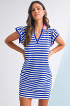 Dark Blue Striped Ruffle Short Sleeve Pop of Color Neckline Dress Short Dresses 4171278d319e79e8