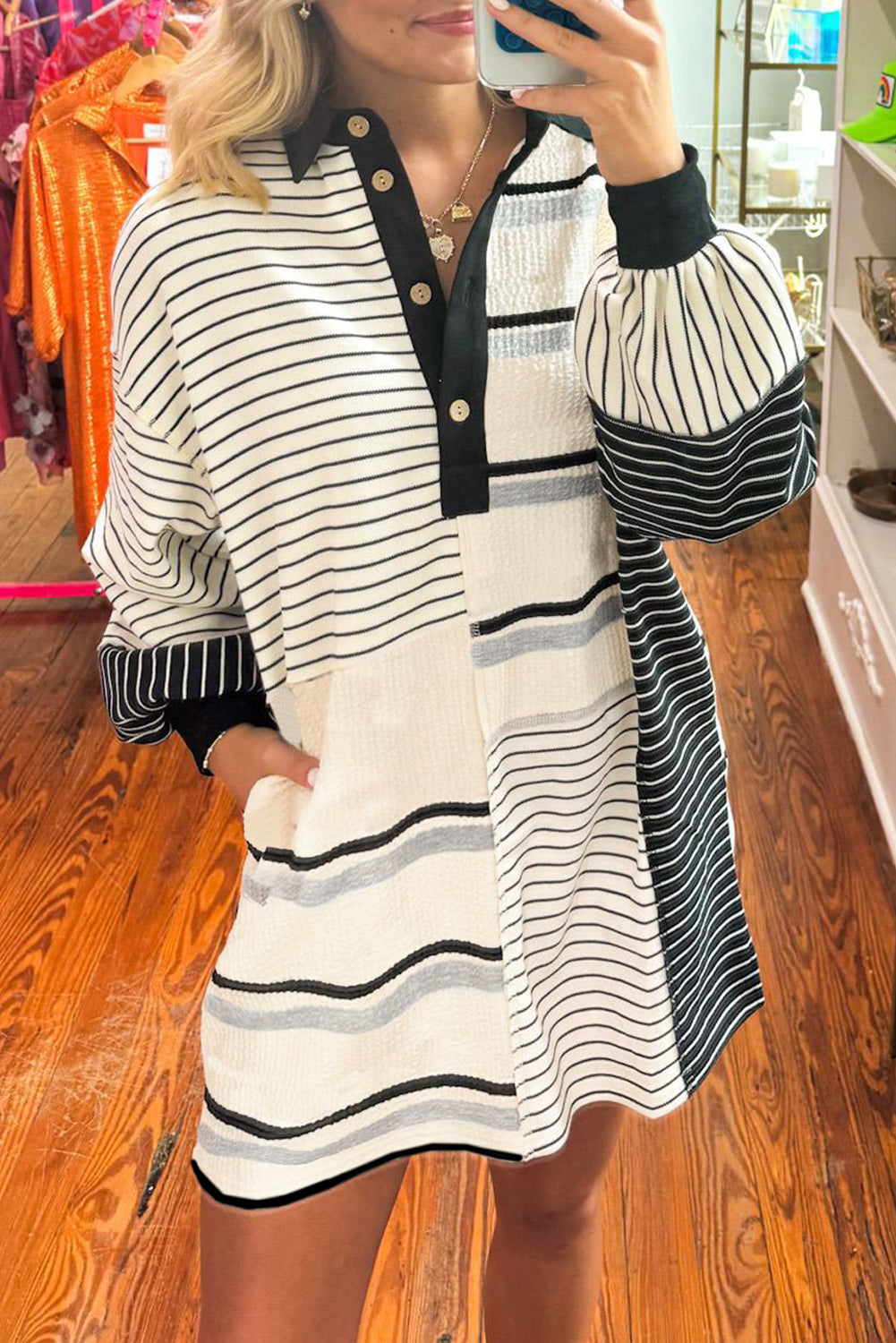 Black Stripe Colorblock Long Sleeve Collar Half Buttons Mini Dress Short Dresses 4185f02853376b4a