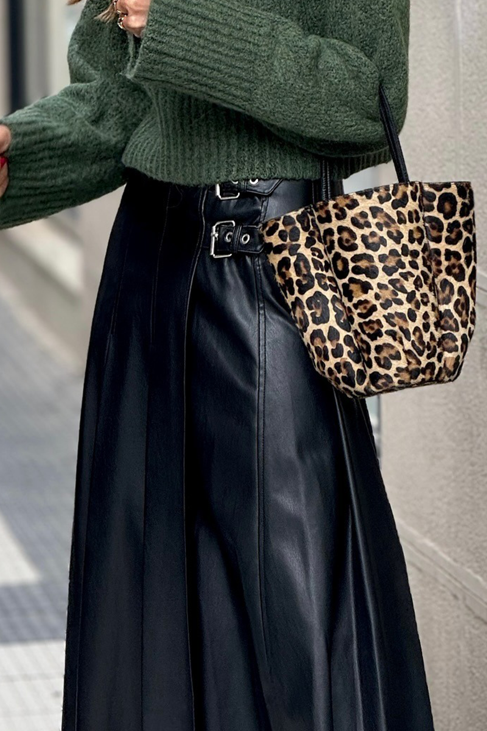 Black Faux Leather Retro Buckle Detail Pleated Stitch Flared Midi Skirt Skirts 4189bb43bff4b7fe