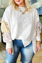 White Plus Size Exposed Seam Detail Contrast Dot Floral Patchwork Sleeve Sweatshirt Plus Size Tops 41b6cd7f7bff9ff2