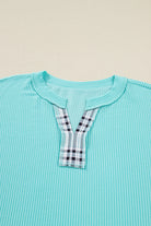 Aruba Blue Twist Ribbed Colorblock Plaid Patchwork Plus Size Top Plus Size Tops 41bccc64202b599a