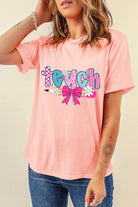 Pink Retro Checkered teach and Bow Pencil Heat Transfer Printing Graphic T Shirt Graphic Tees 41eb41e6ef094226