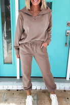 Black Zip Collar Long Sleeve Top Drawstring Pants Set Two Piece Pants Sets 421e2d38157f1149