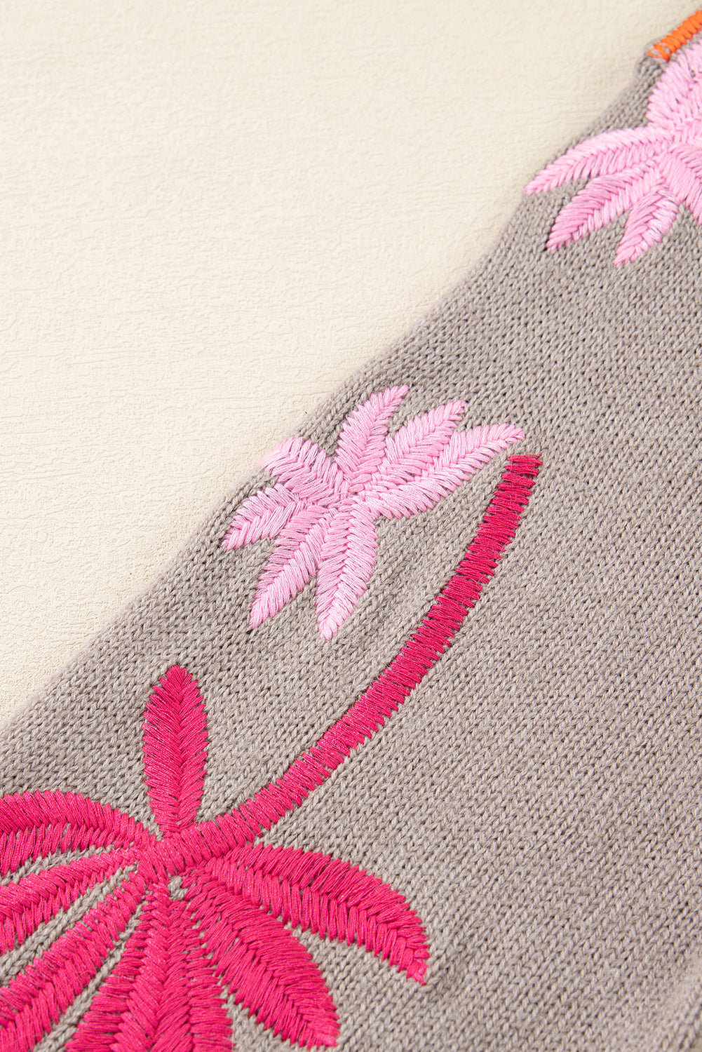 Simply Taupe Embroidered Floral Sleeve Round Neck Loose Sweater Sweaters 42262dfc9c0c214d