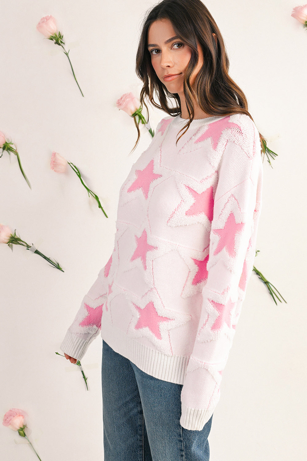 Sachet Pink Star Pattern Drop Sleeve Loose Sweater Sweaters 4226afbaa5d6b377