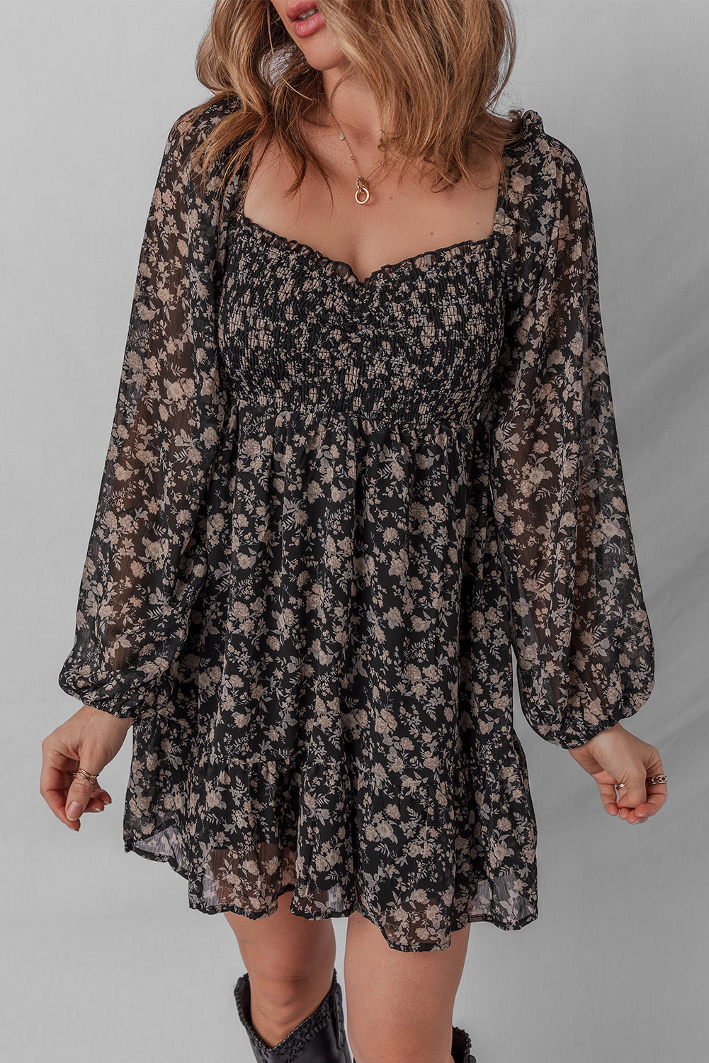 Black Floral Long Sleeve Frilly Shirred Square Neck Mini Dress Short Dresses 423f86b4f927055e