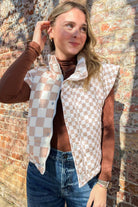 Khaki Plaid Stand Neck Button Down Vest Coats 42462c7e6da5cd6f