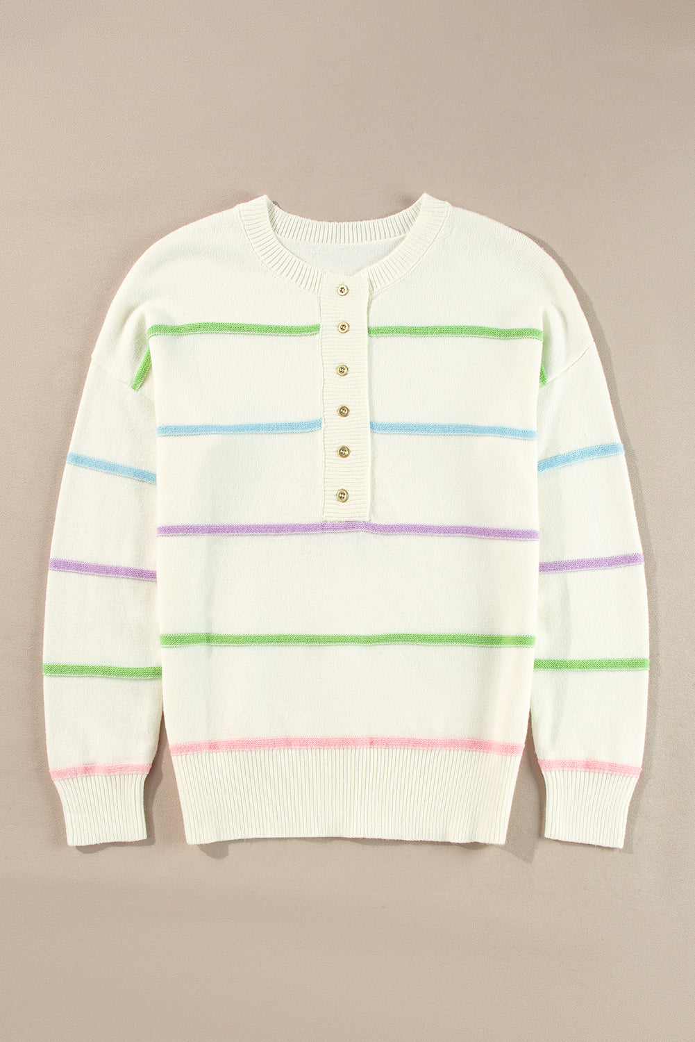 White Rainbow Striped Drop Sleeve Henley Sweater Sweaters 4273f84957ec8ae0