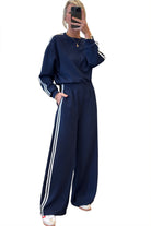 Dirty Blue Varsity Striped Detail Cropped Pullover Wide Leg Pants 2pcs Outfit Two Piece Pants Sets 42b4572a31d2517d