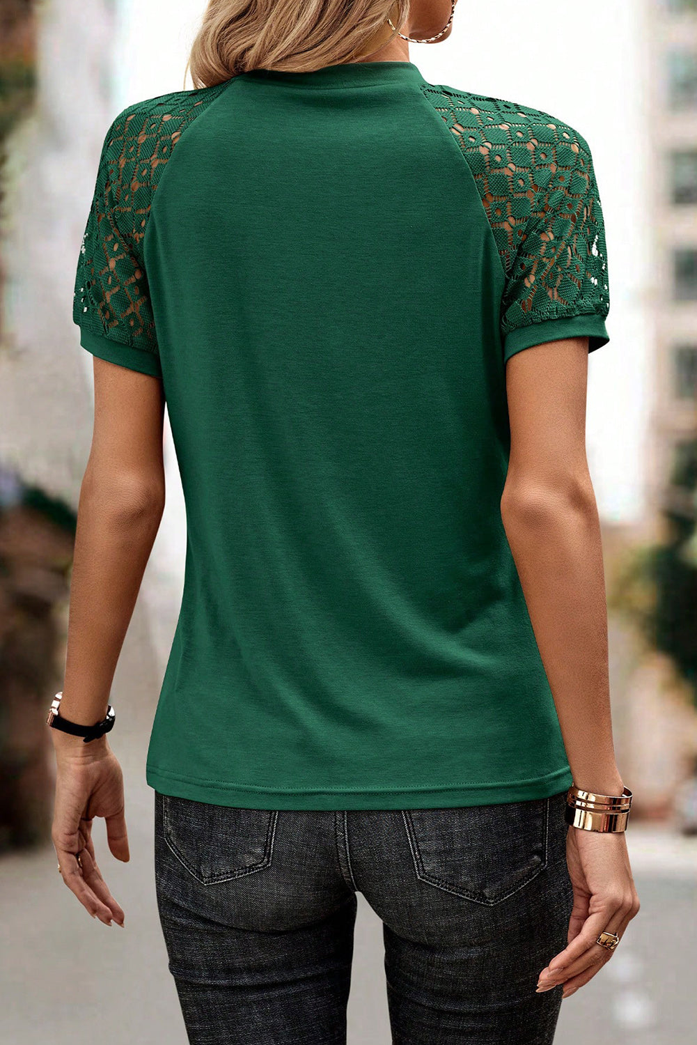 Blackish Green Seamed Detail Contrast Lace Raglan Sleeve Tee T Shirts 42be840963d9b66d