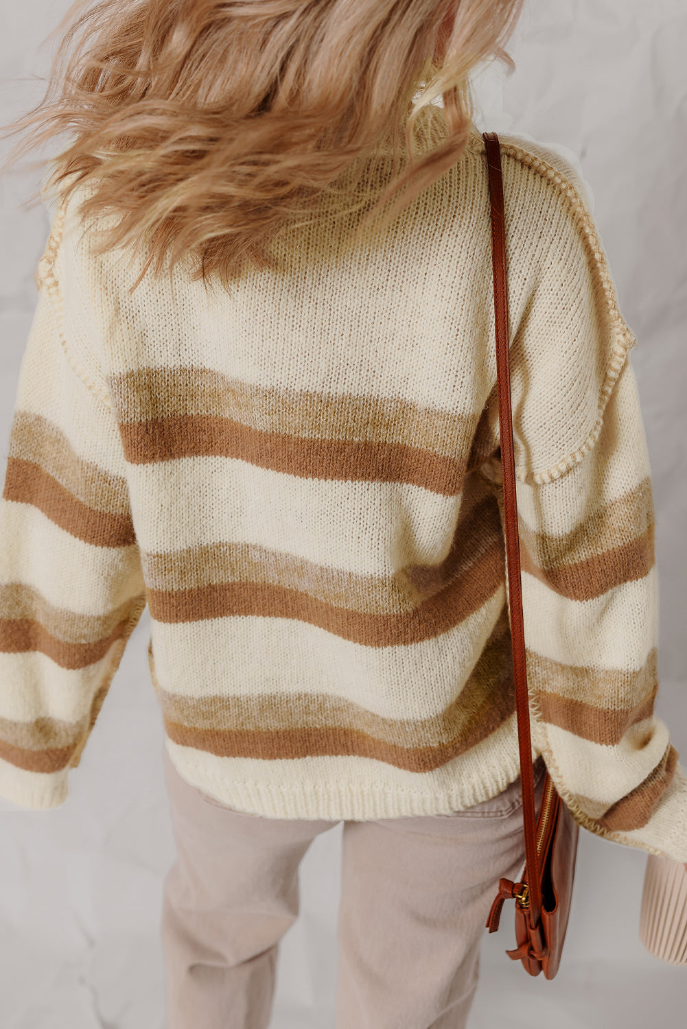 Khaki Stripe Exposed Seam Drop Shoulder Knit Baggy Sweater Sweaters 42d0ae06bb30511f