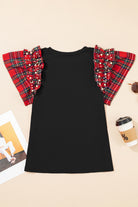 Black Pearl Plaid Ruffle Sleeve Loose T Shirt T Shirts 42d536eeb7c2dda3