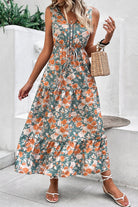 Green Floral Print Trimmed V Neck Sleeveless Vacation Dress Midi Dresses 42fda824faf15d59