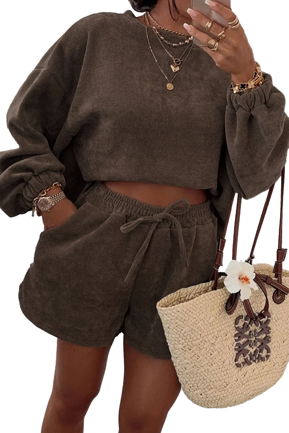 Dark Brown Textured Knit Drop Shoulder Pullover Drawstring Shorts Set Two Piece Shorts Sets 430974a8b045c92e