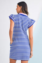 Dark Blue Striped Ruffle Short Sleeve Pop of Color Neckline Dress Short Dresses 430f6901afa555f3