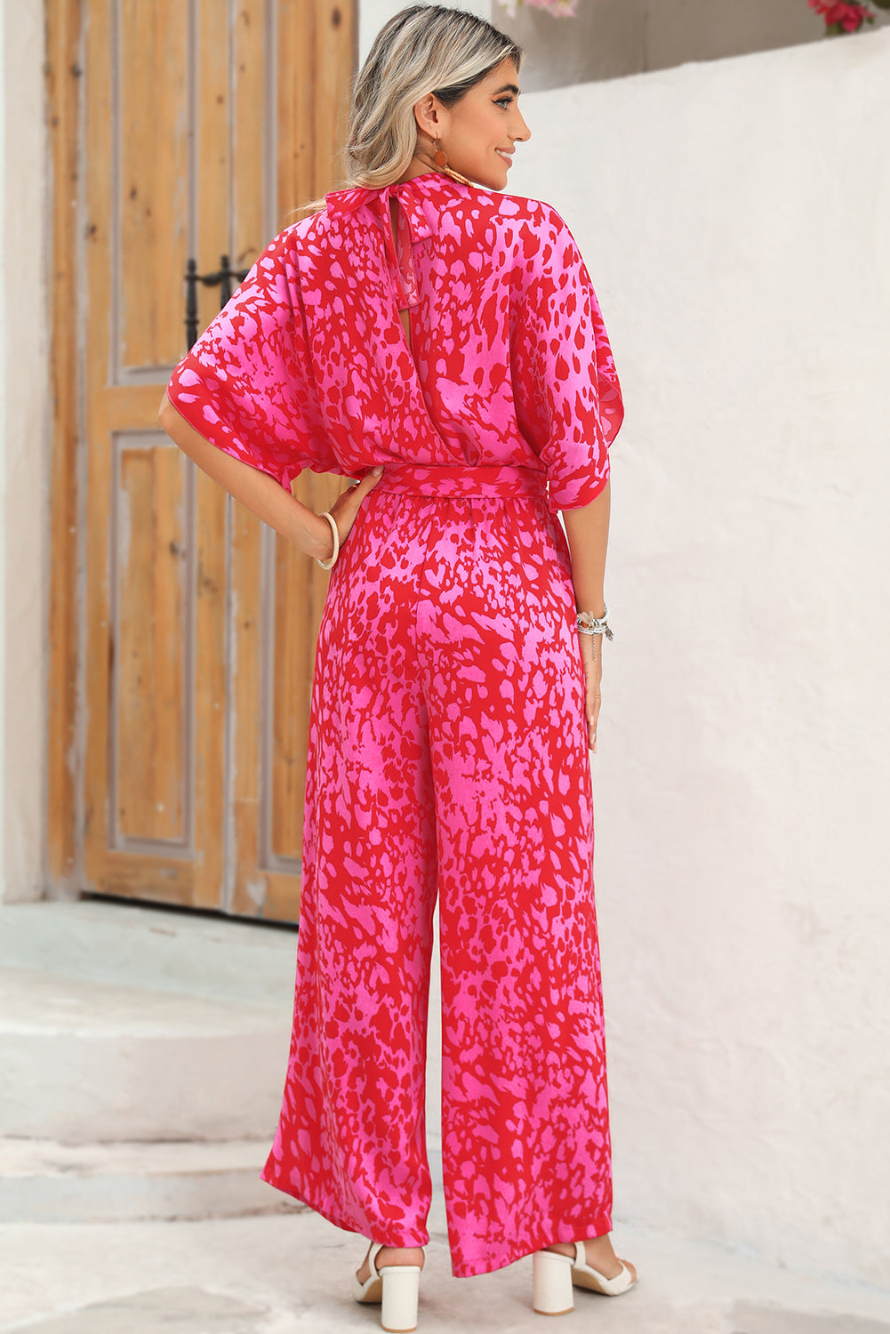 Rose Leopard Print Tulip Sleeve Belted Wide Leg Jumpsuit Jumpsuits 431f1fee38fde85f