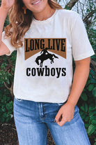 White LONG LIVE Cowboys Western Heat Transfer Printing Graphic Loose Tee Graphic Tees 43263e8a770820b9