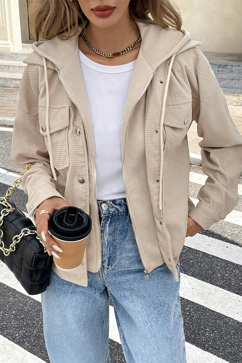 Beige Solid Color Textured Patchwork Flap Pocket Shacket Jackets 432873db45778dcf