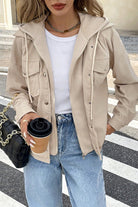 Beige Solid Color Textured Patchwork Flap Pocket Shacket Jackets 432873db45778dcf