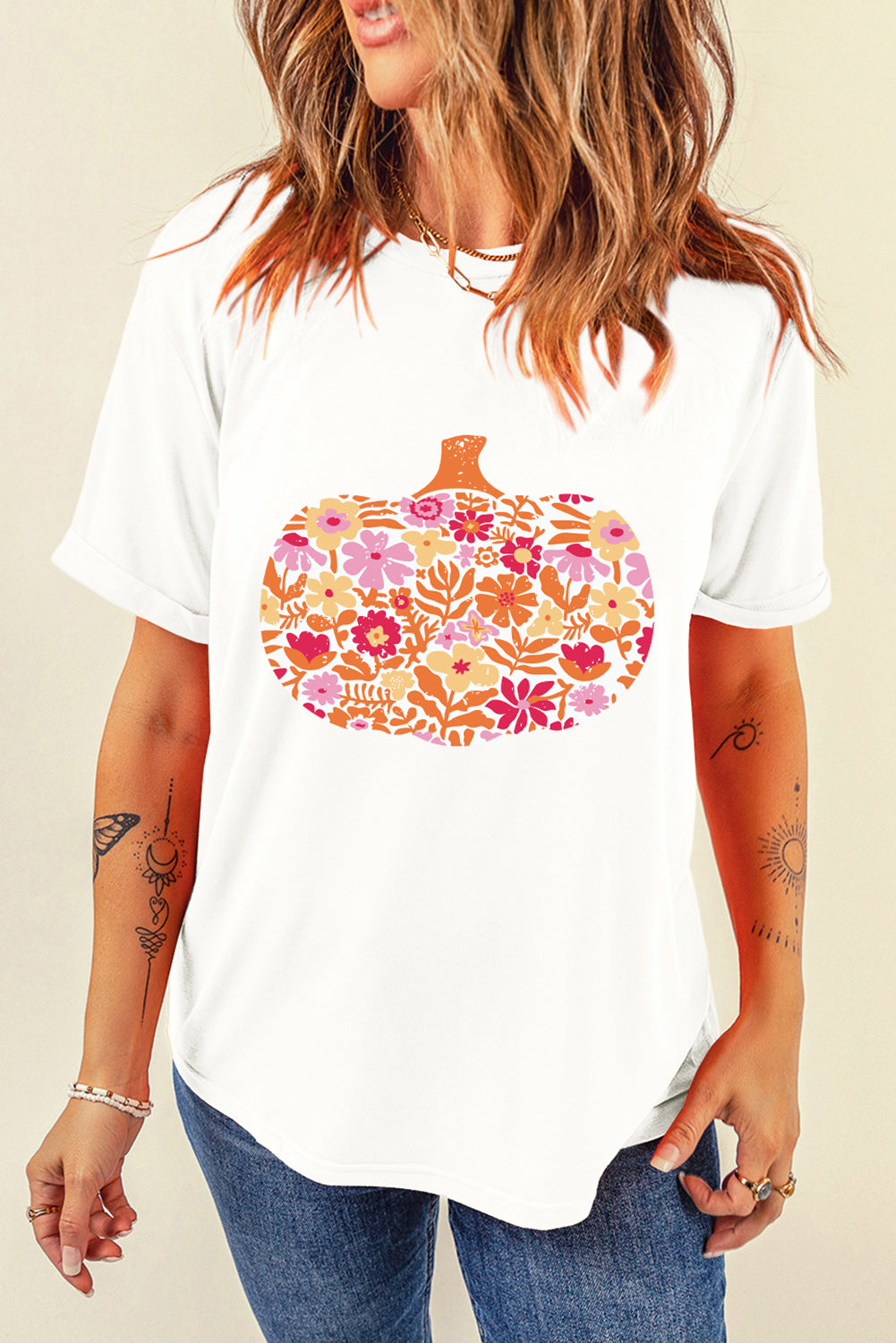 White Floral Pumpkin Heat Transfer Printing Graphic Tee Graphic Tees 4353307741dff67b