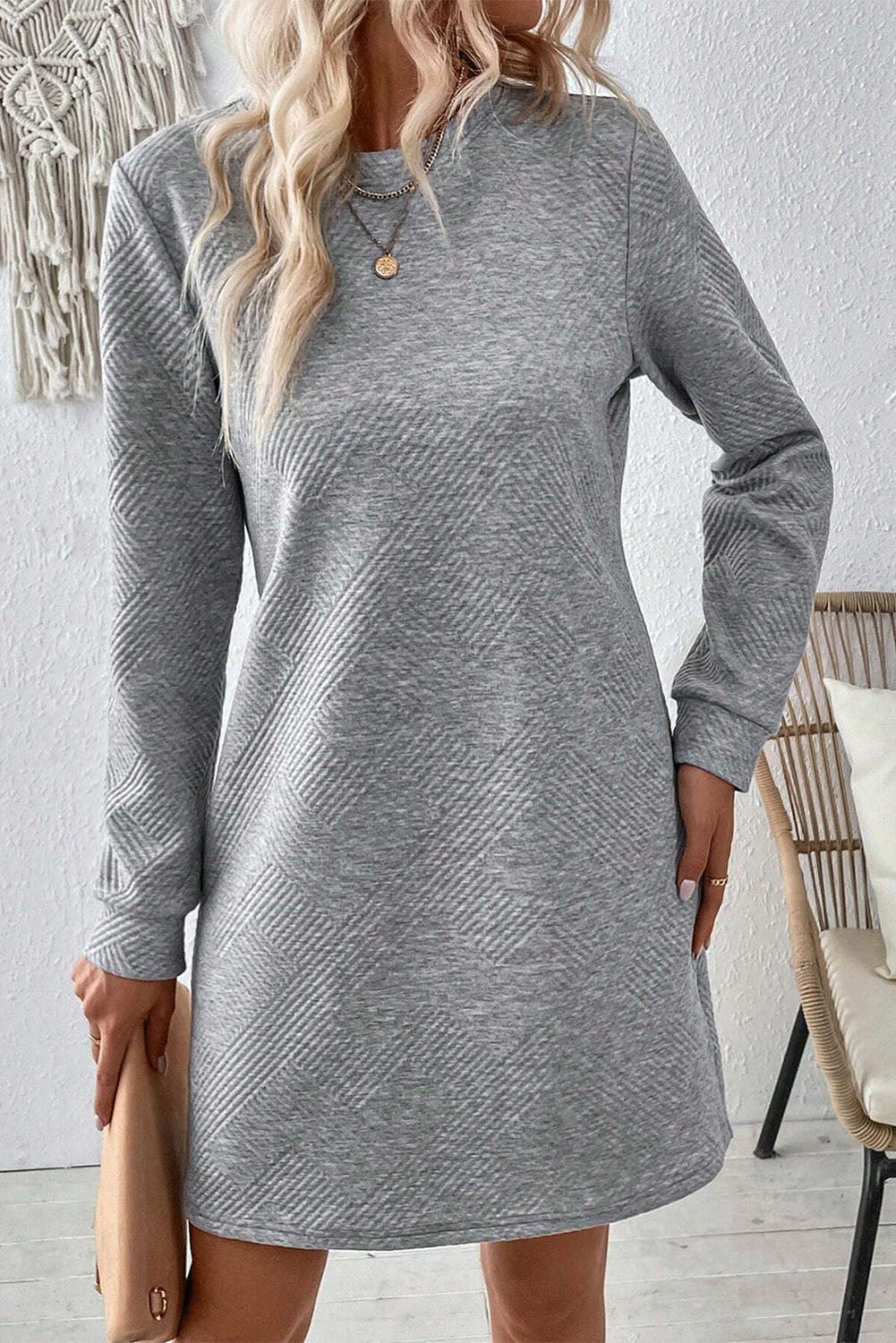 Gray Solid Color Textured Long Sleeve Shift Short Dress Short Dresses 438634365615ad0e