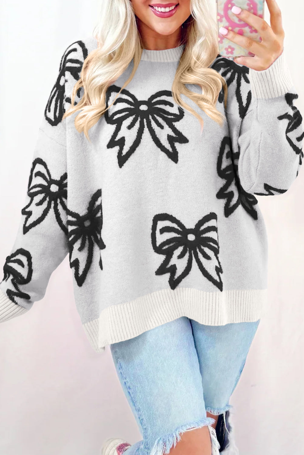 Pink Bow Pattern Drop Sleeve Loose Sweater Sweaters 4395736cf958950b