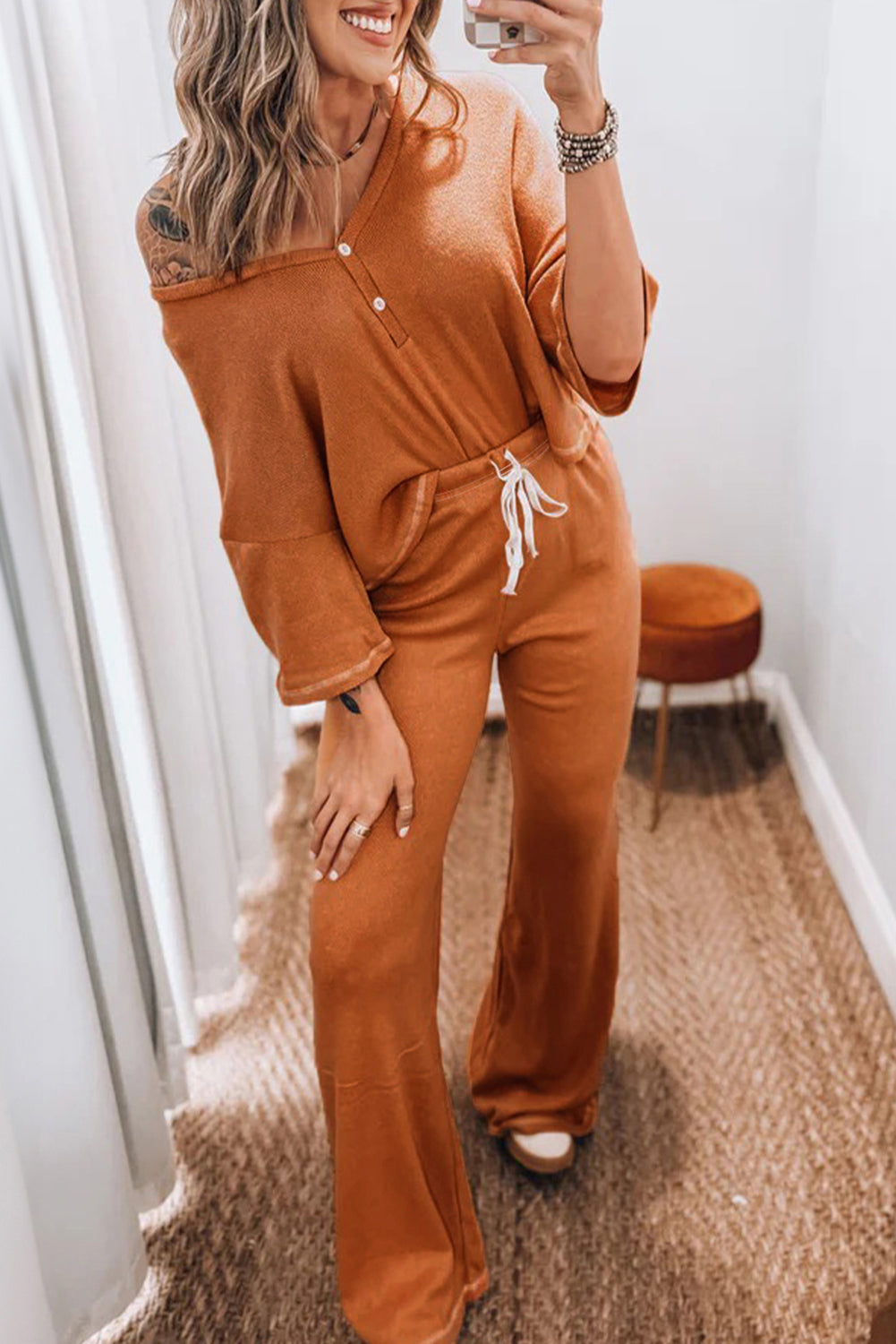 Grapefruit Orange Contrast Stitching Buttoned V Neck Half Sleeve Top and Drawstring Flare Pants Set Two Piece Pants Sets 43a5ce1977a90232