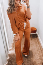 Grapefruit Orange Contrast Stitching Buttoned V Neck Half Sleeve Top and Drawstring Flare Pants Set Two Piece Pants Sets 43a5ce1977a90232