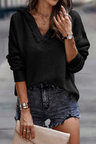 Black Split V Neck Pullover Knit Hooded Sweater Sweaters 43c8b15fdad14343