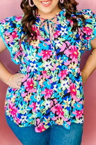 Blue Floral Flutter Sleeve Tied Notched Neck Plus Size Blouse Plus Size Tops 43cc69090b65bc9a